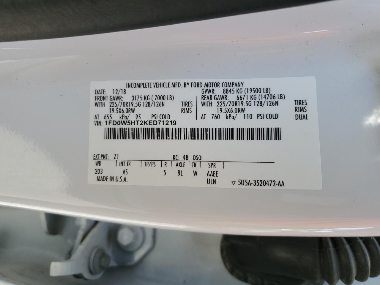 2019 Ford F550 Super Duty VIN: 1FD0W5HT2KED71219 Lot: 81251735