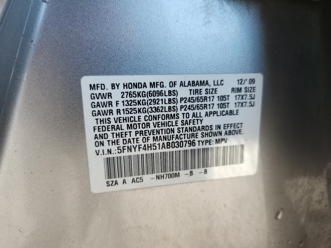 2010 Honda Pilot Exl VIN: 5FNYF4H51AB030796 Lot: 68211175