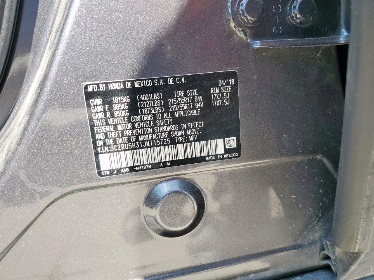 2018 Honda Hr-V Lx VIN: 3CZRU5H31JM715725 Lot: 84410375