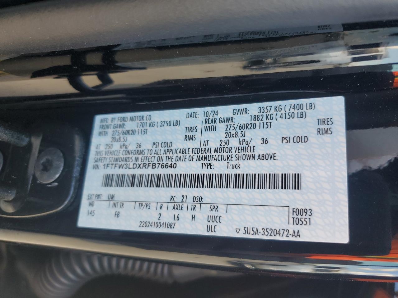 2024 Ford F150 Xlt VIN: 1FTFW3LDXRFB76640 Lot: 82151895