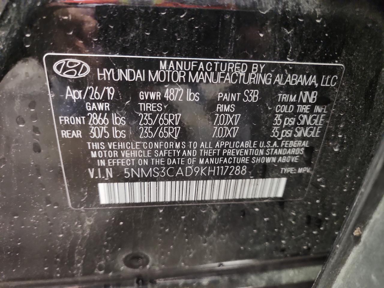 2019 Hyundai Santa Fe Sel VIN: 5NMS3CAD9KH117288 Lot: 80373575