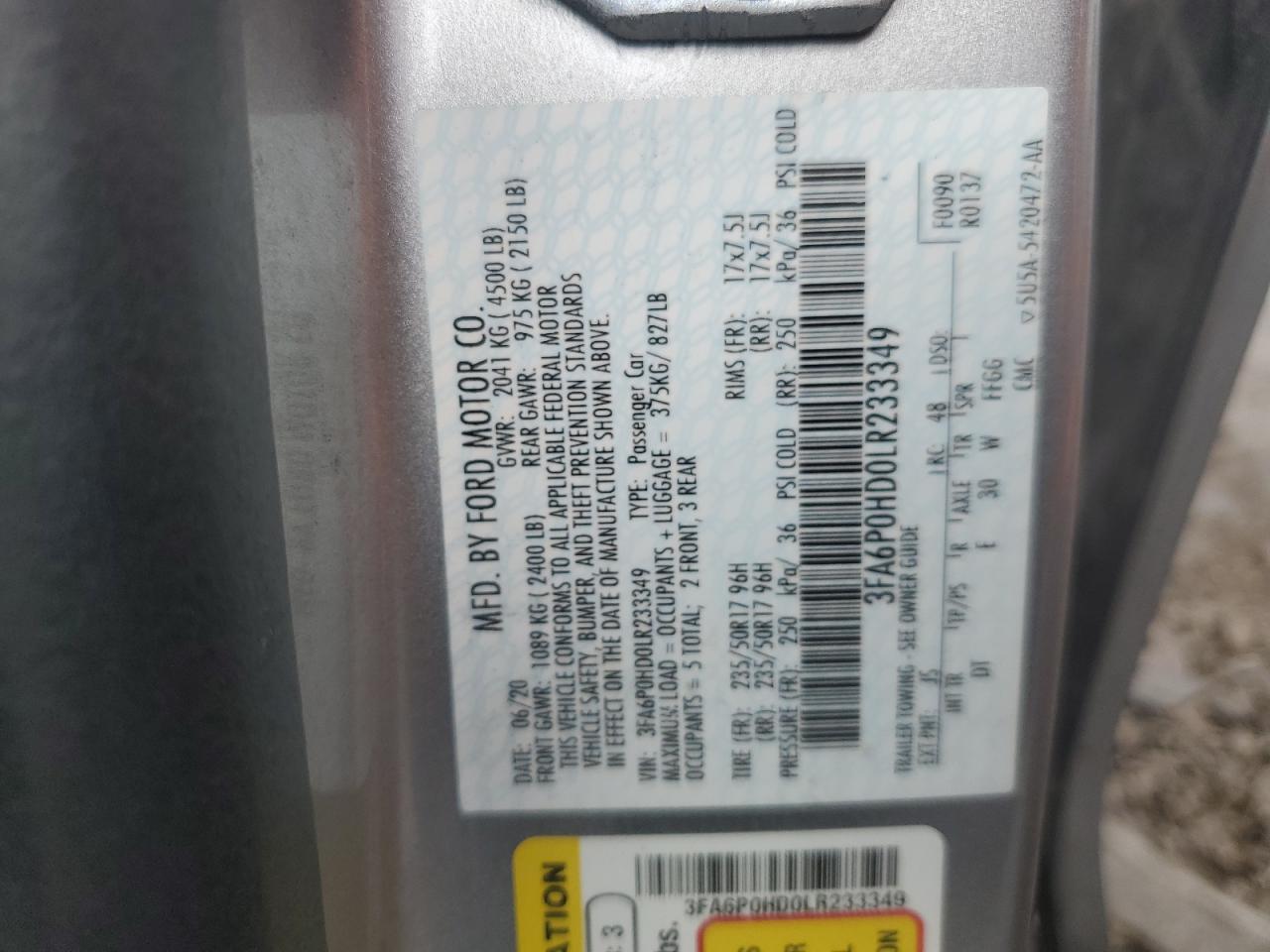 2020 Ford Fusion Se VIN: 3FA6P0HD0LR233349 Lot: 82048605