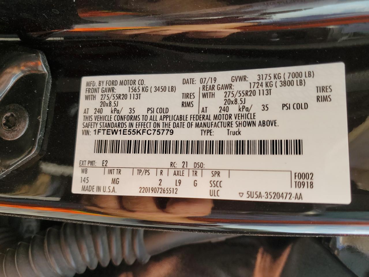 2019 Ford F150 Supercrew VIN: 1FTEW1E55KFC75779 Lot: 80623765