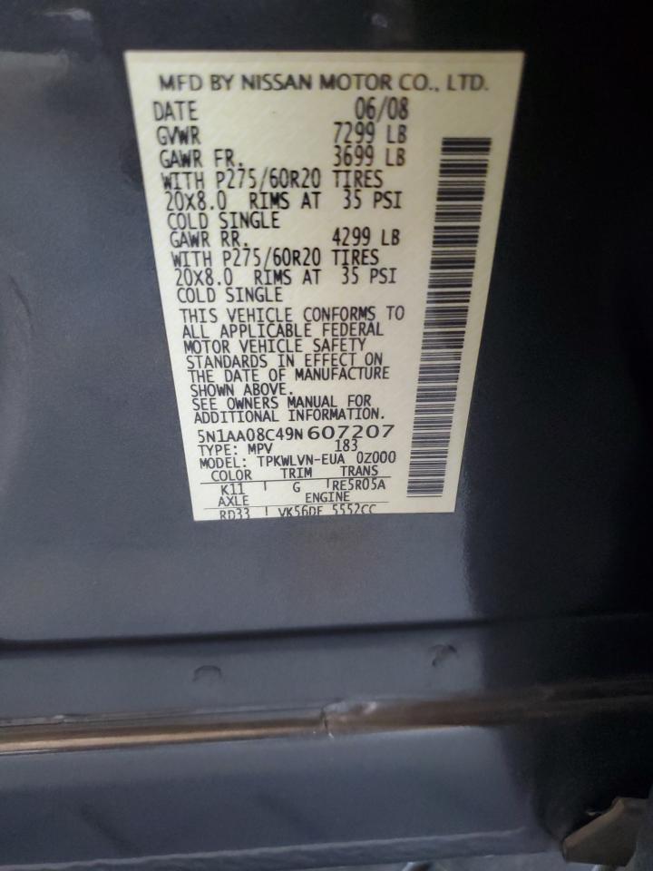 2009 Nissan Armada Se VIN: 5N1AA08C49N607207 Lot: 84789935