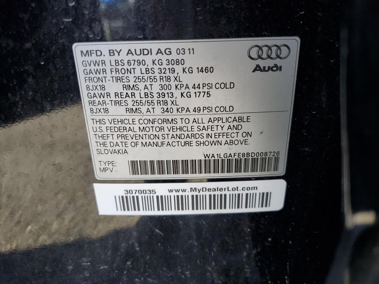 2011 Audi Q7 Premium Plus VIN: WA1LGAFE8BD008726 Lot: 81621515