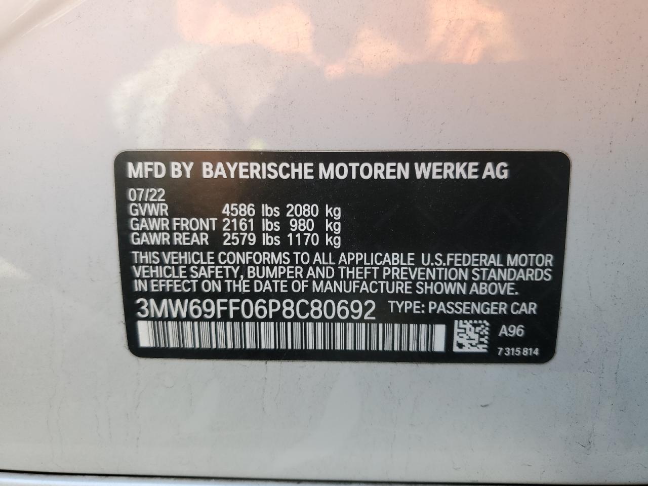 2023 BMW 330I VIN: 3MW69FF06P8C80692 Lot: 81079345