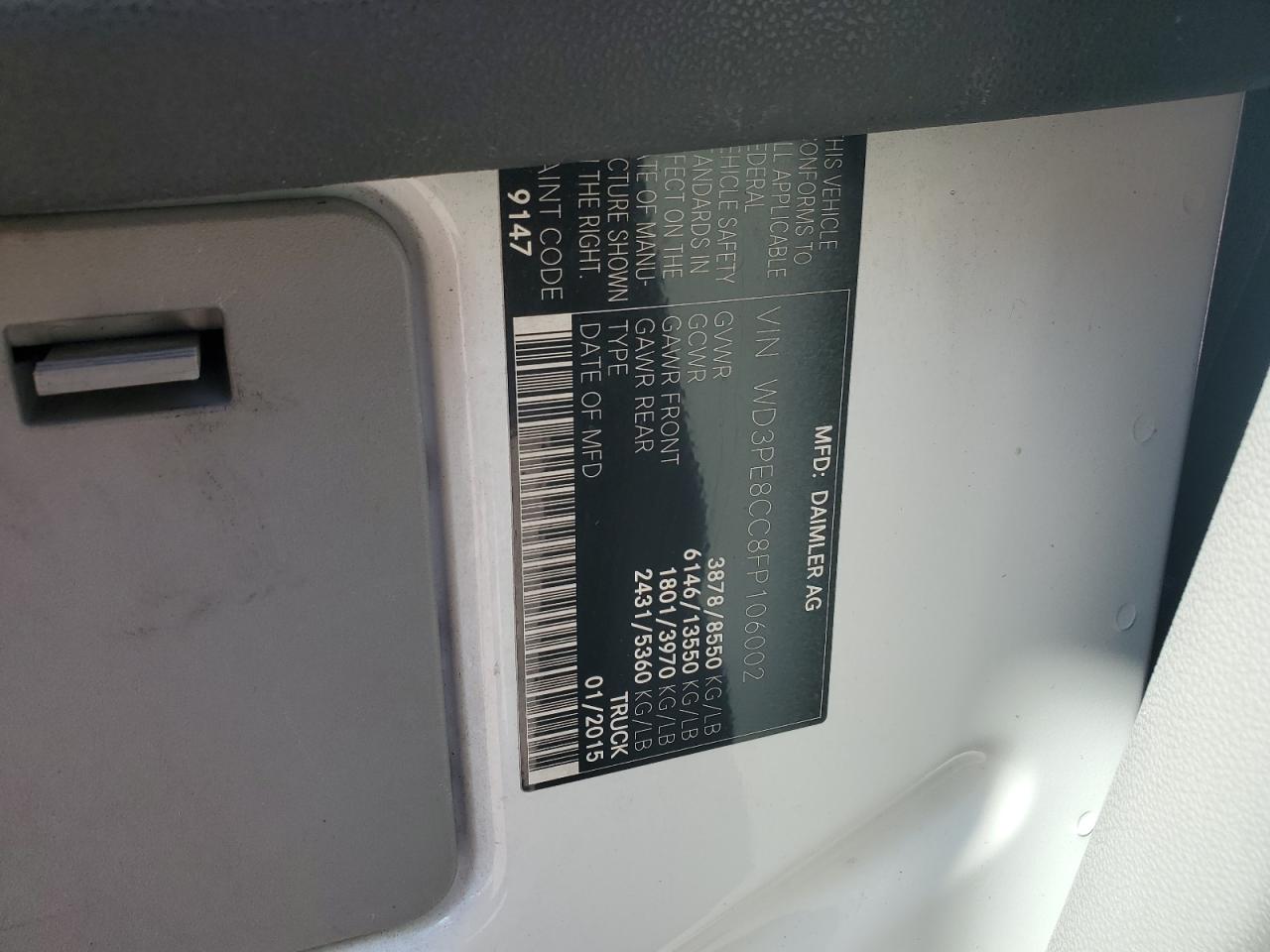 2015 Mercedes-Benz Sprinter 2500 VIN: WD3PE8CC8FP106002 Lot: 80139625