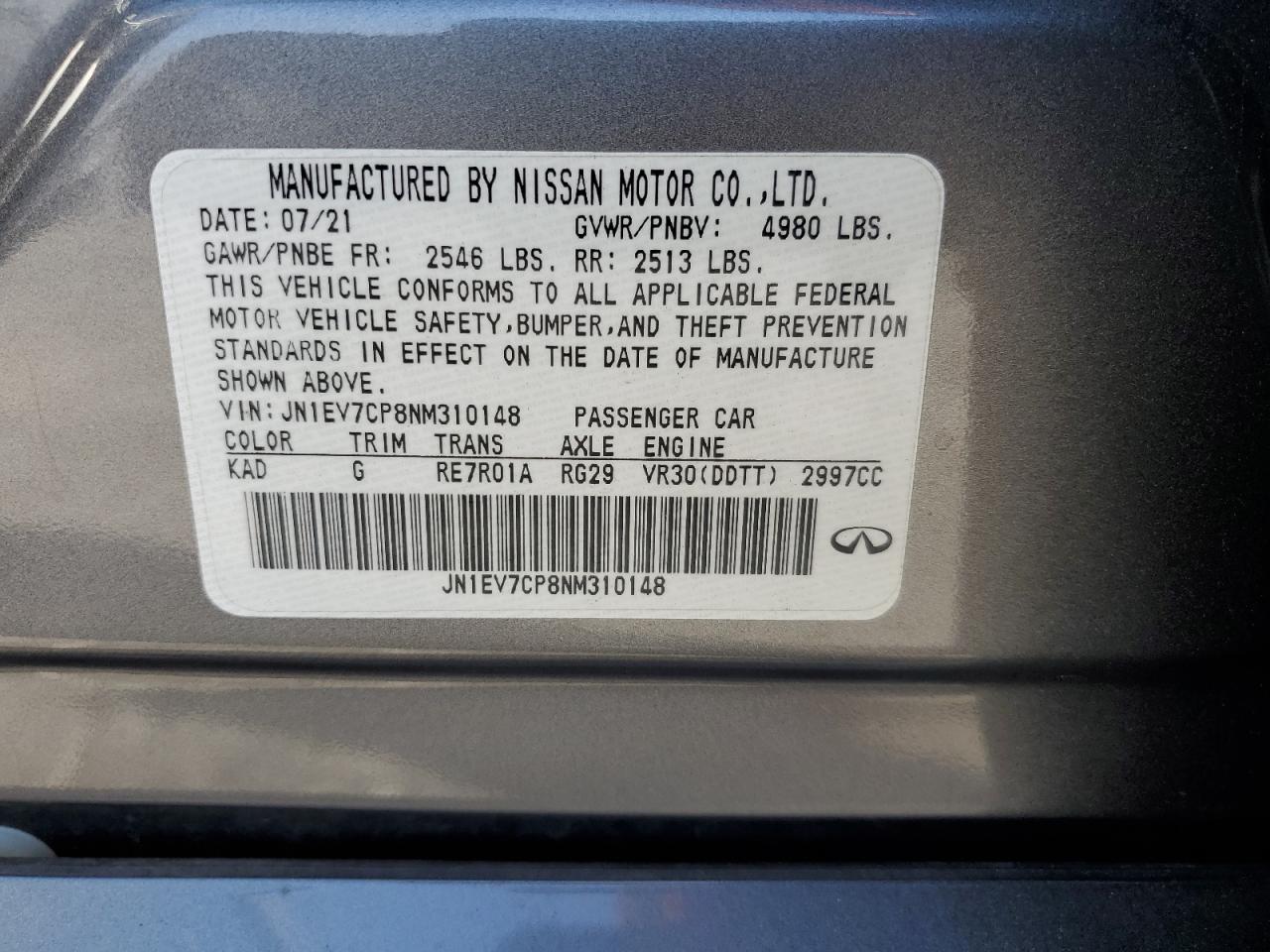 2022 Infiniti Q50 Sensory VIN: JN1EV7CP8NM310148 Lot: 81818785