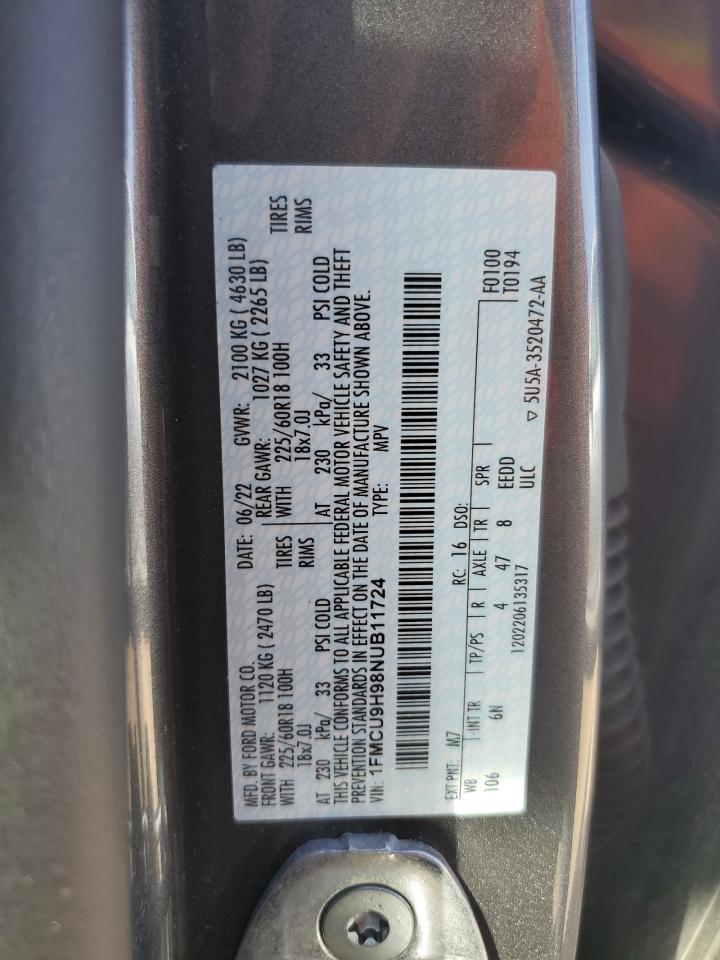 2022 Ford Escape Sel VIN: 1FMCU9H98NUB11724 Lot: 72047305