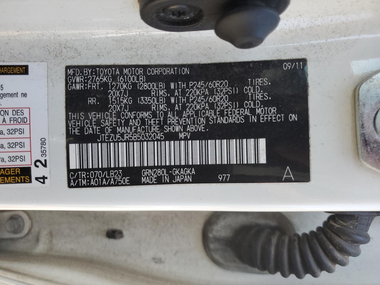 2011 Toyota 4Runner Sr5 VIN: JTEZU5JR5B5032045 Lot: 70864985