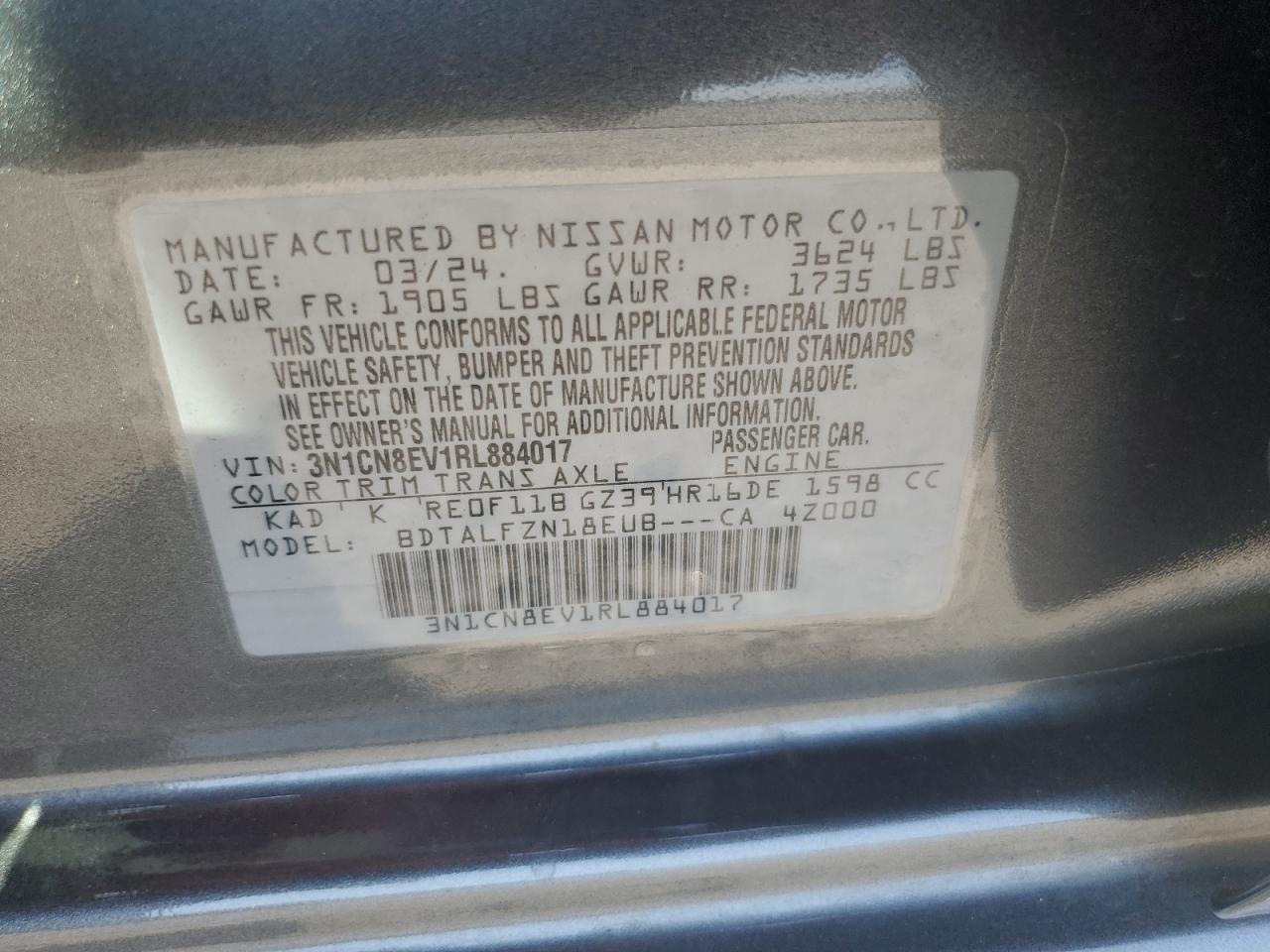 2024 Nissan Versa Sv VIN: 3N1CN8EV1RL884017 Lot: 81027015