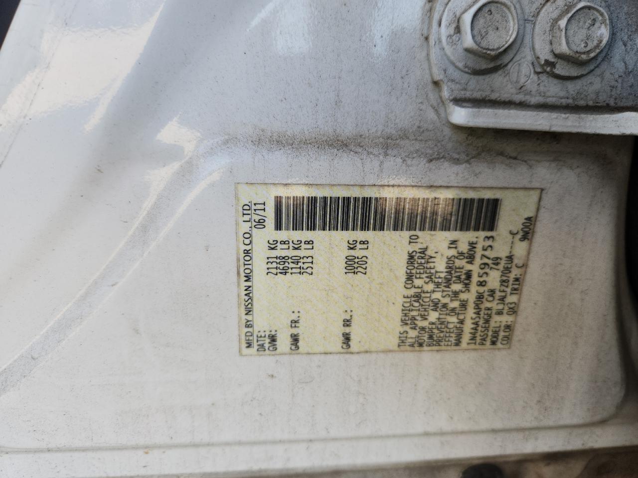 2011 Nissan Maxima S VIN: 1N4AA5AP0BC859753 Lot: 71544115