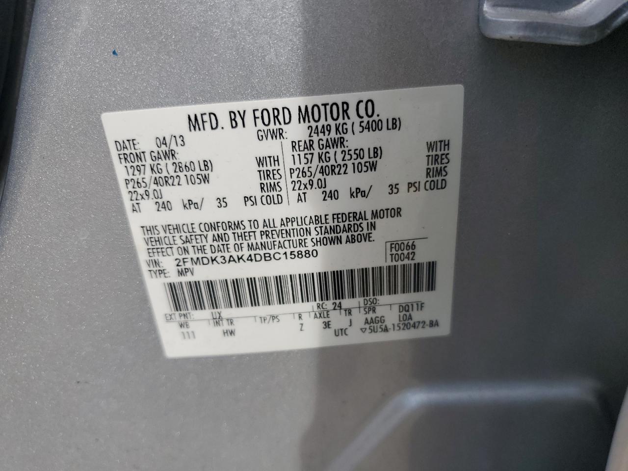 2013 Ford Edge Sport VIN: 2FMDK3AK4DBC15880 Lot: 80466025