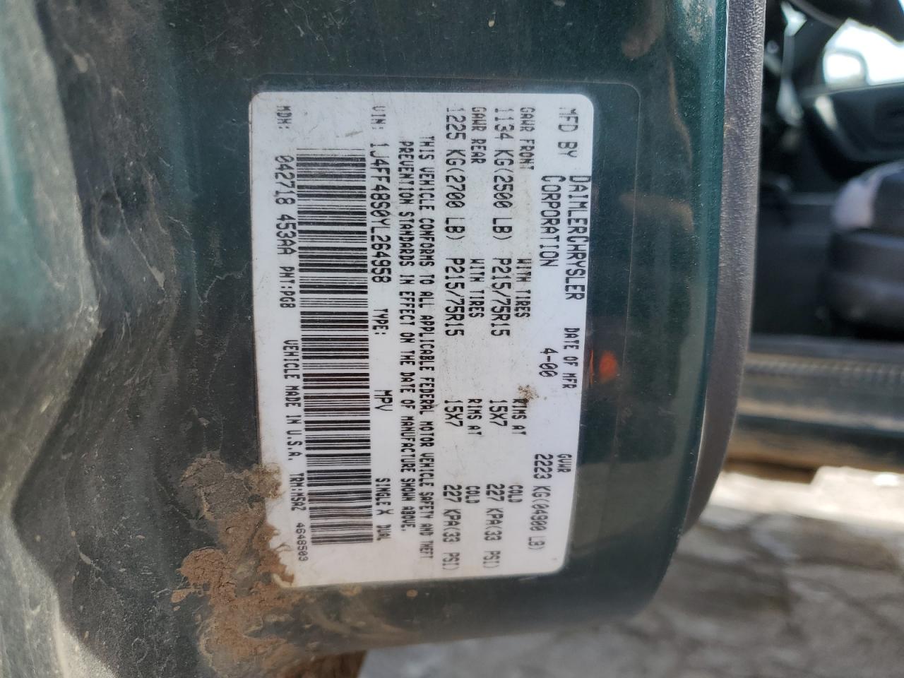 2000 Jeep Cherokee Sport VIN: 1J4FF48S0YL264958 Lot: 80957865