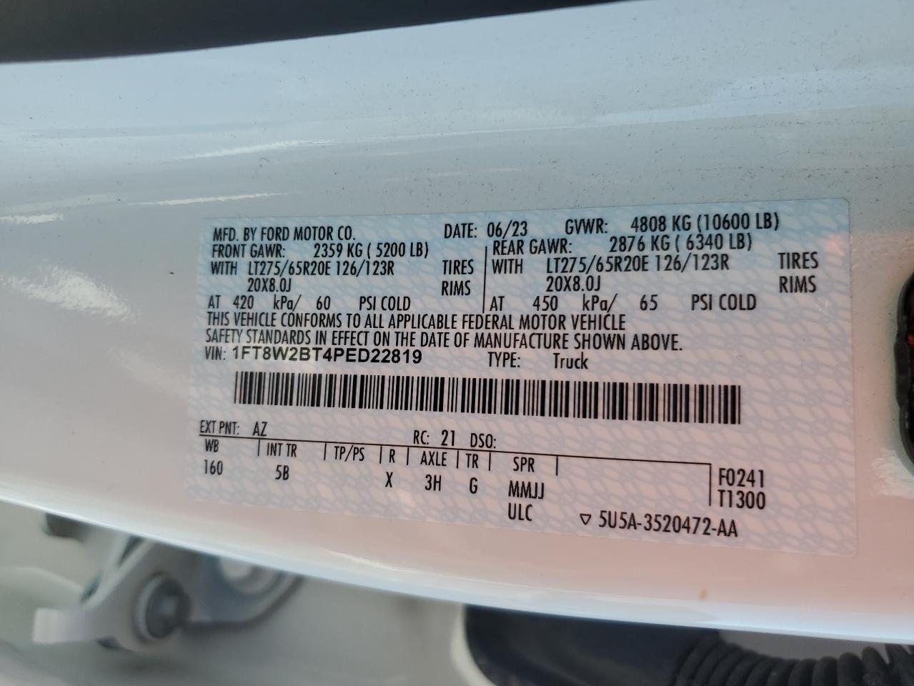 2023 Ford F250 Super Duty VIN: 1FT8W2BT4PED22819 Lot: 70654385