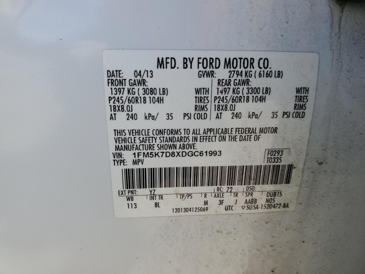 2013 Ford Explorer Xlt VIN: 1FM5K7D8XDGC61993 Lot: 80270935