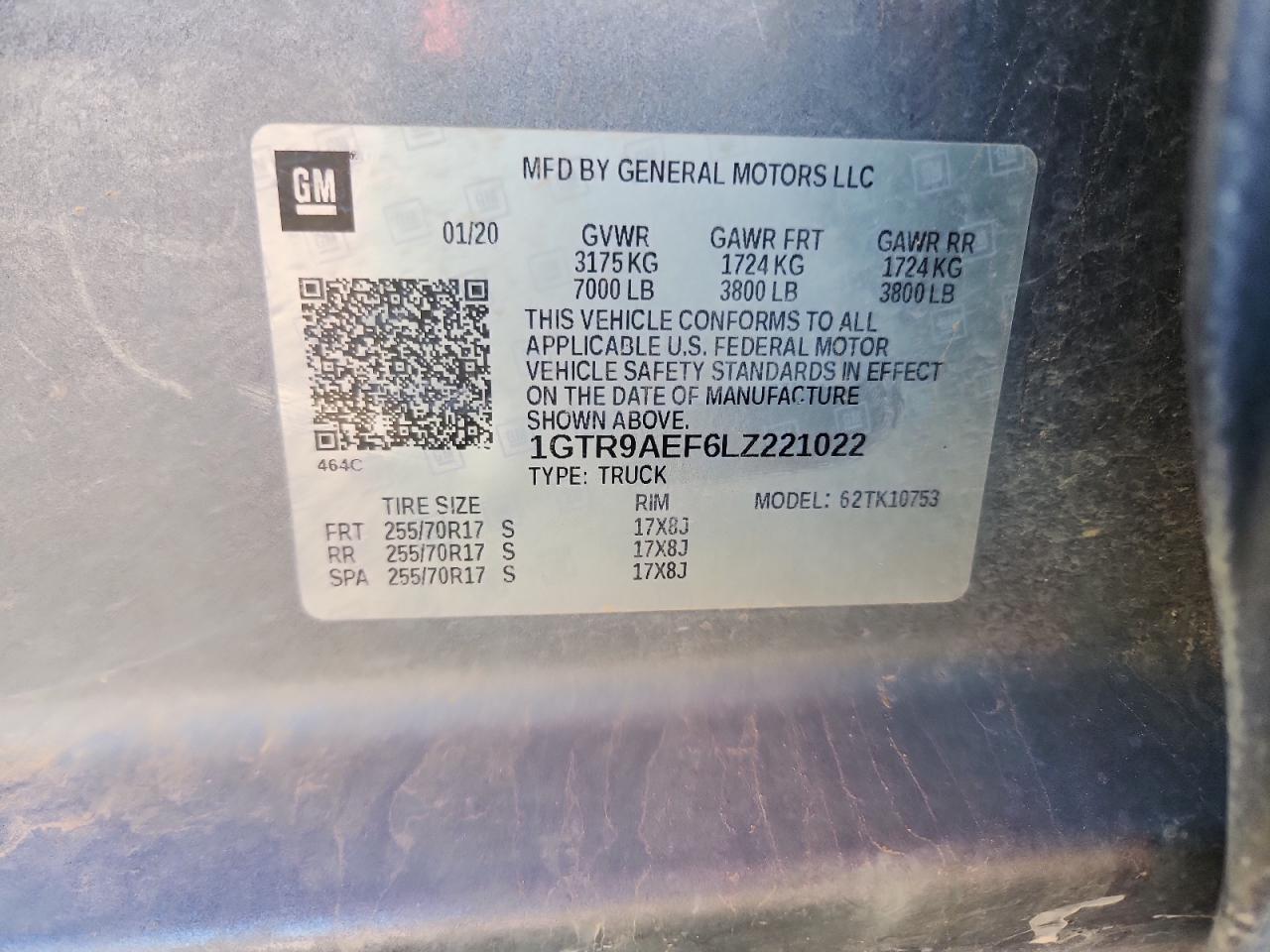 2020 GMC Sierra K1500 VIN: 1GTR9AEF6LZ221022 Lot: 81638415