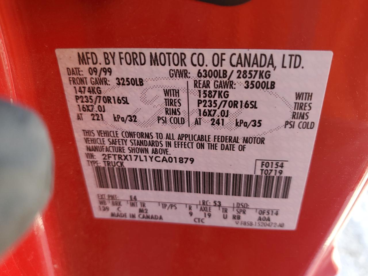 2000 Ford F150 VIN: 2FTRX17L1YCA01879 Lot: 71352015
