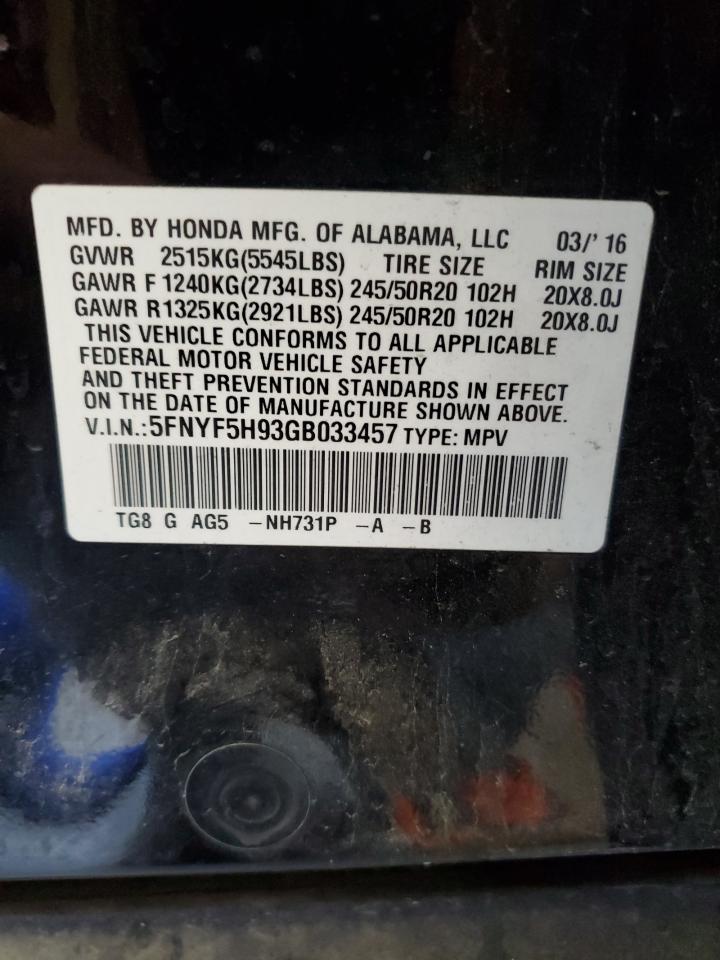 2016 Honda Pilot Touring VIN: 5FNYF5H93GB033457 Lot: 83953945