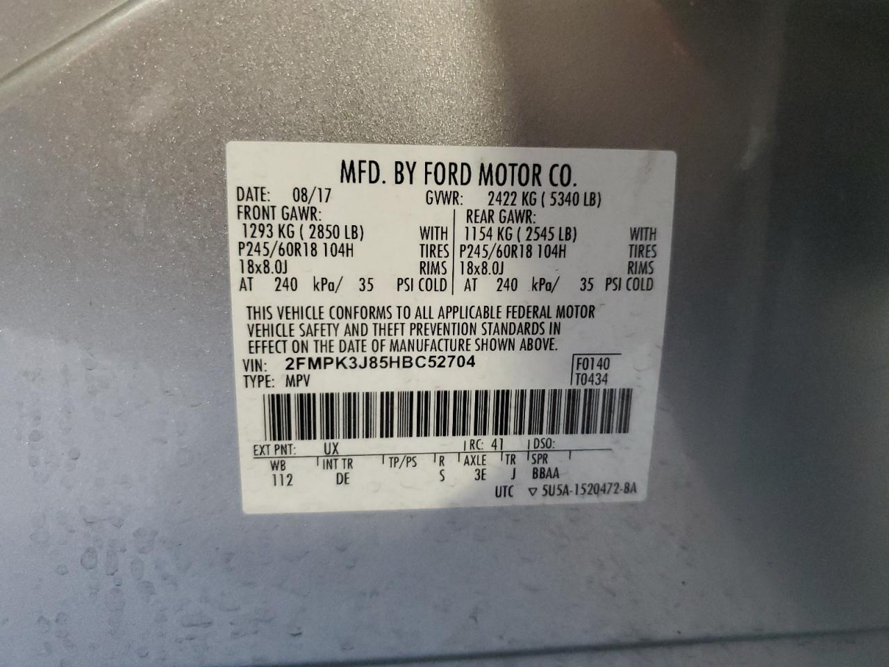 2017 Ford Edge Sel VIN: 2FMPK3J85HBC52704 Lot: 71630635