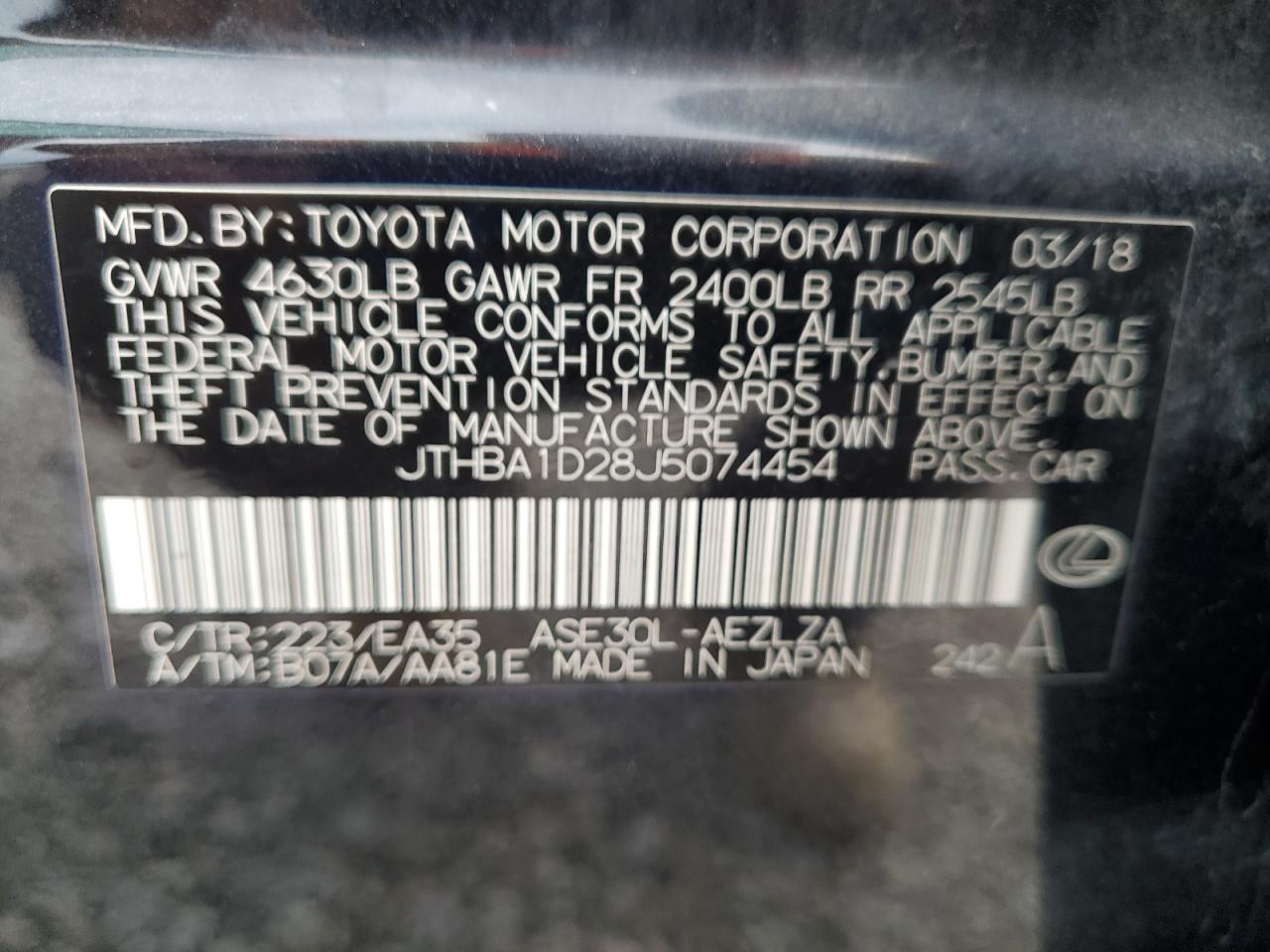 2018 Lexus Is 300 VIN: JTHBA1D28J5074454 Lot: 71363375