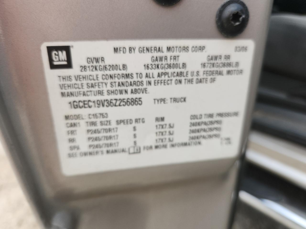 2006 Chevrolet Silverado C1500 VIN: 1GCEC19V36Z256865 Lot: 84420885