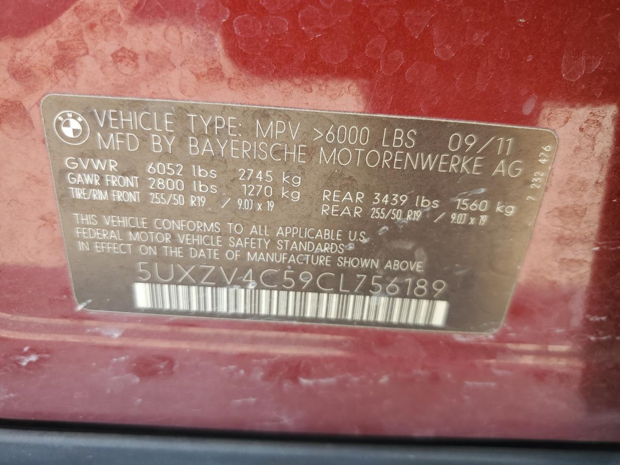 2012 BMW X5 xDrive35I VIN: 5UXZV4C59CL756189 Lot: 80738105