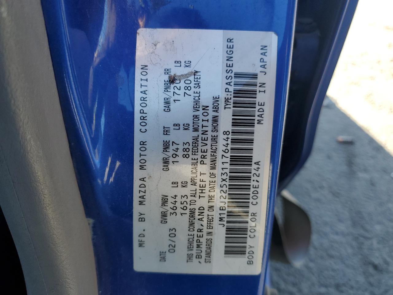 2003 Mazda Protege Dx VIN: JM1BJ225X31176448 Lot: 80519985