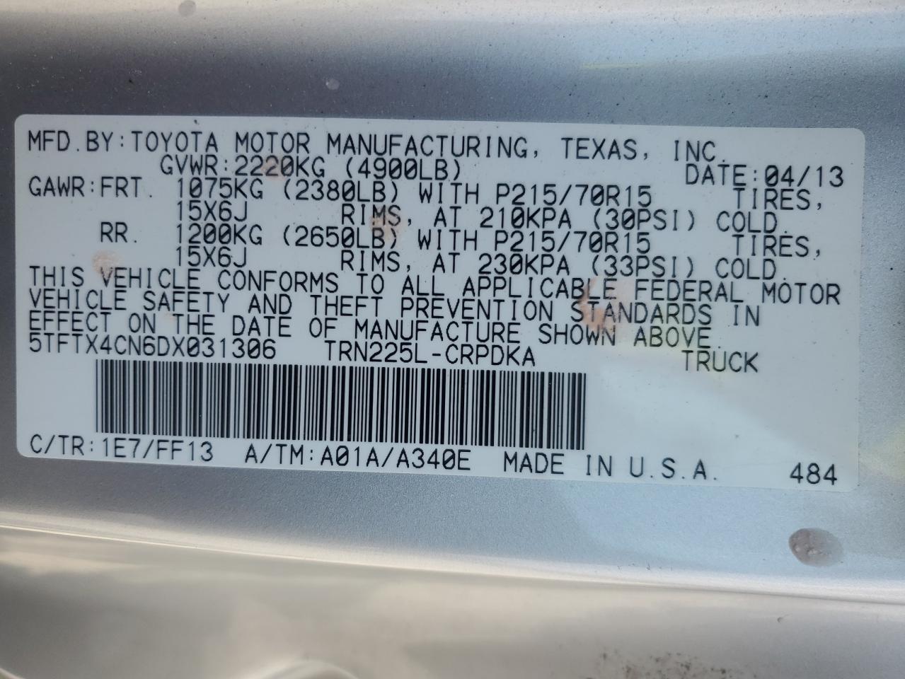 2013 Toyota Tacoma Access Cab VIN: 5TFTX4CN6DX031306 Lot: 81683285