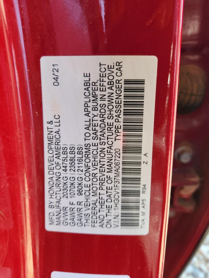 2021 Honda Accord Sport VIN: 1HGCV1F37MA067220 Lot: 71663485