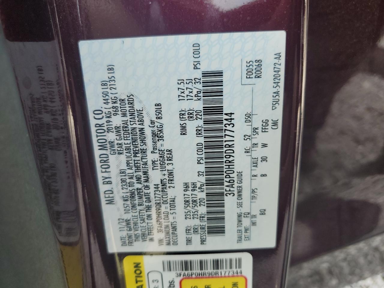 2013 Ford Fusion Se VIN: 3FA6P0HR9DR177344 Lot: 82129365