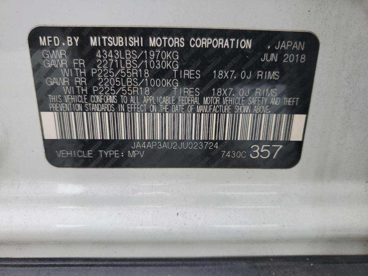 2018 Mitsubishi Outlander Sport Es VIN: JA4AP3AU2JU023724 Lot: 84574135