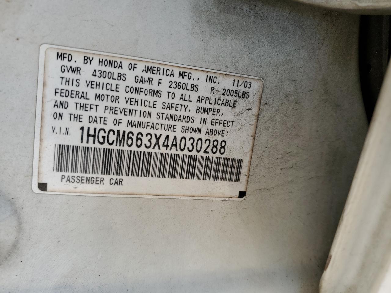 2004 Honda Accord Lx VIN: 1HGCM663X4A030288 Lot: 80538935