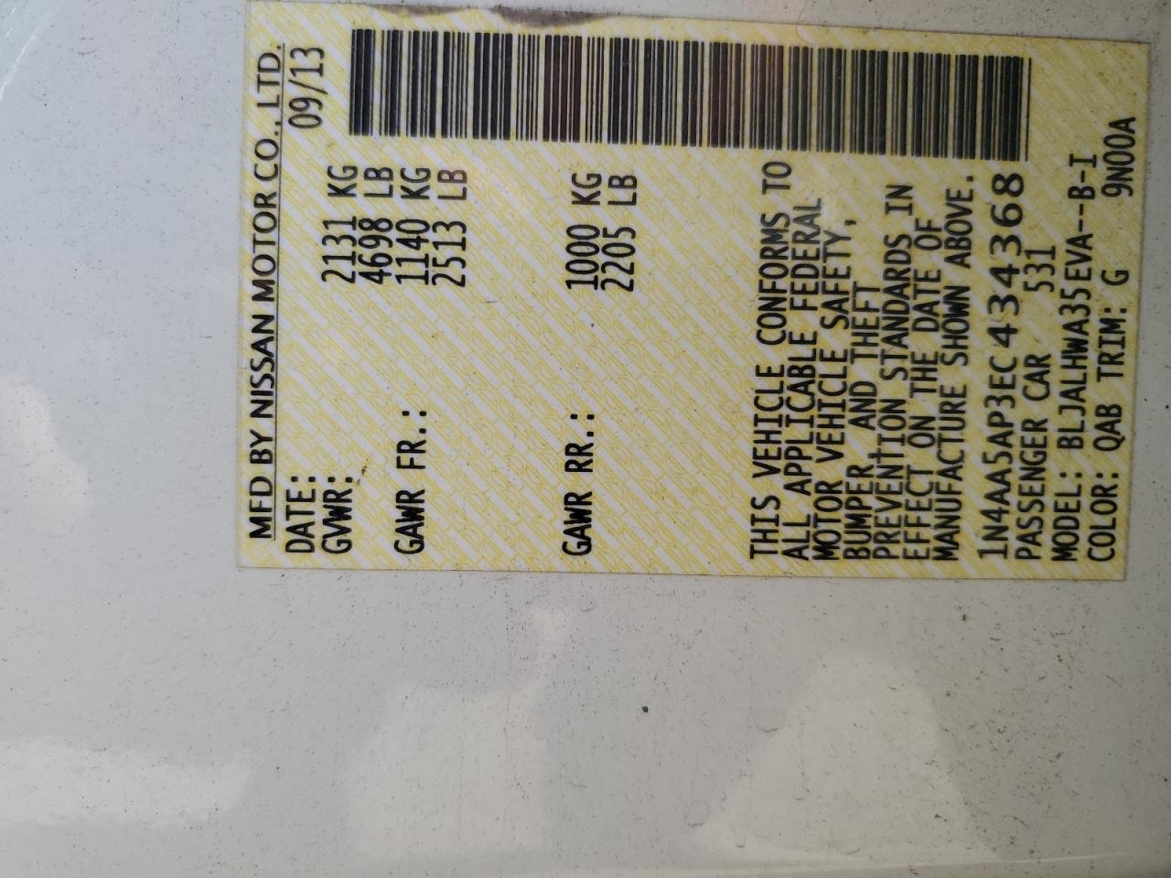 2014 Nissan Maxima S VIN: 1N4AA5AP3EC434368 Lot: 81782405