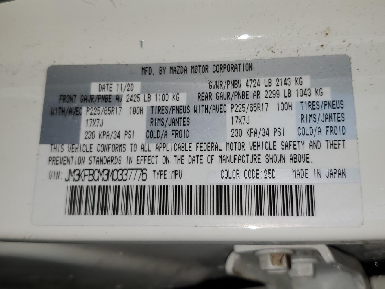 2021 Mazda Cx-5 Touring VIN: JM3KFBCM3M0337776 Lot: 80858645