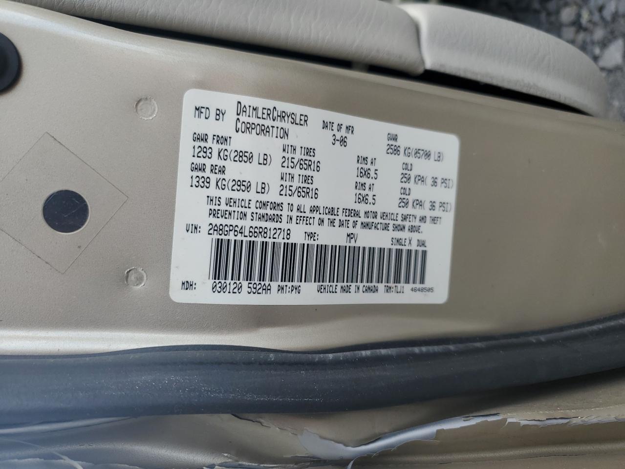 2006 Chrysler Town & Country Limited VIN: 2A8GP64L66R812718 Lot: 80818045