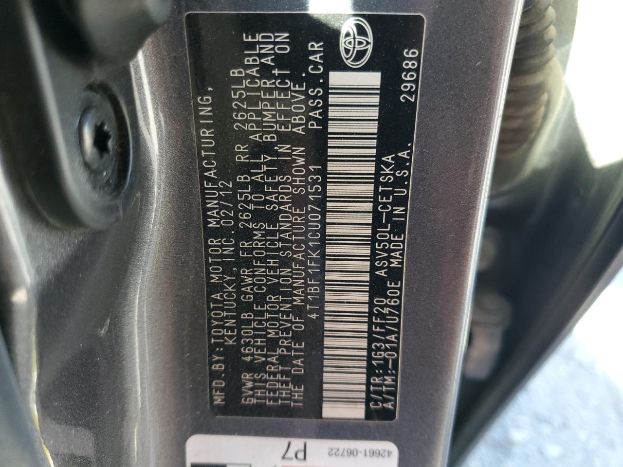 2012 Toyota Camry VIN: 4T1BF1FK1CU071531 Lot: 71928755
