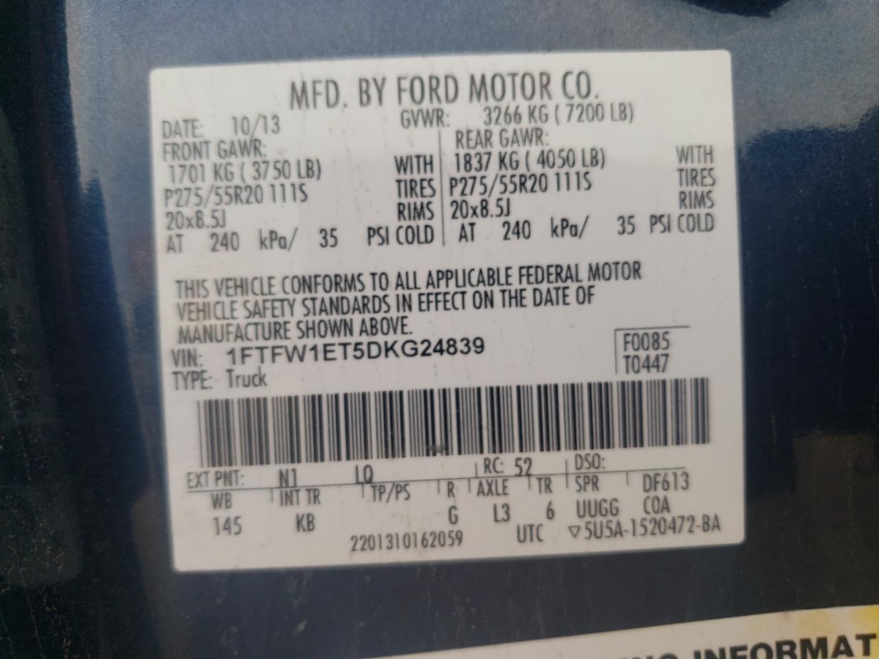 2013 Ford F150 Supercrew VIN: 1FTFW1ET5DKG24839 Lot: 81741535