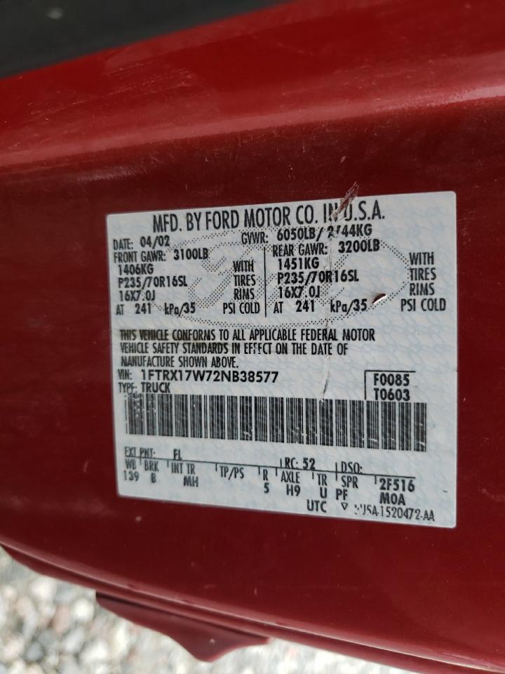 2002 Ford F150 VIN: 1FTRX17W72NB38577 Lot: 71865335