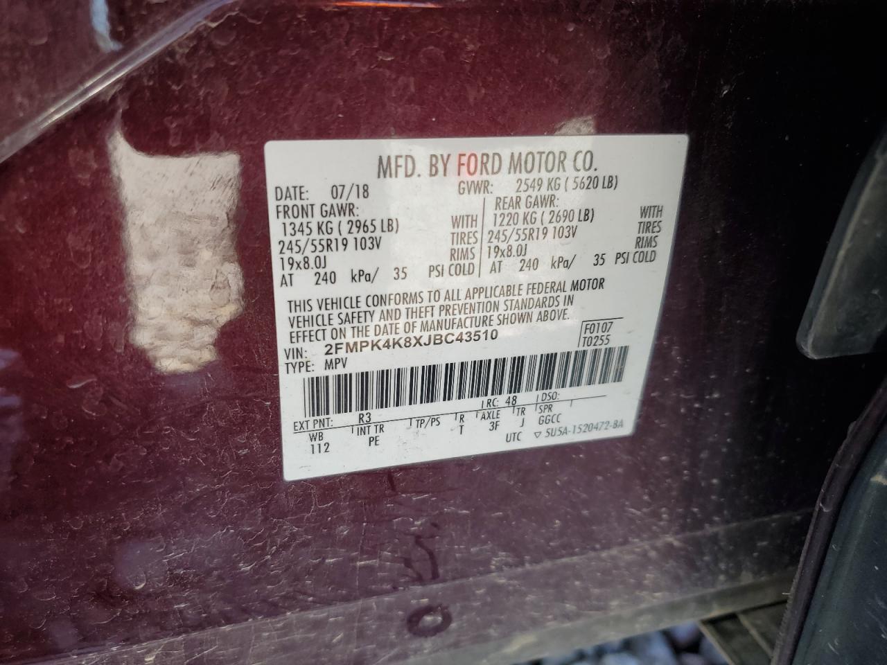 2018 Ford Edge Titanium VIN: 2FMPK4K8XJBC43510 Lot: 80542115