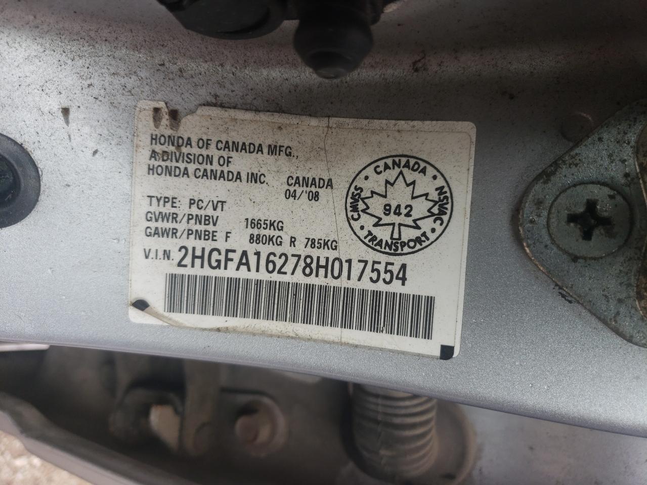 2008 Honda Civic Dx VIN: 2HGFA16278H017554 Lot: 82107405