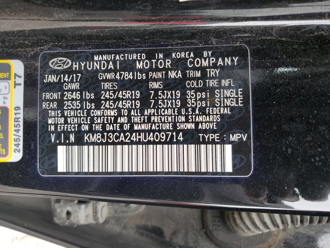 2017 Hyundai Tucson Limited VIN: KM8J3CA24HU409714 Lot: 84969225