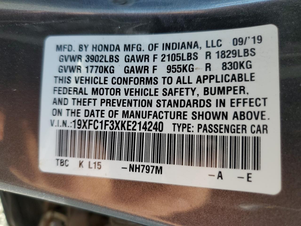 2019 Honda Civic Ex VIN: 19XFC1F3XKE214240 Lot: 80905075