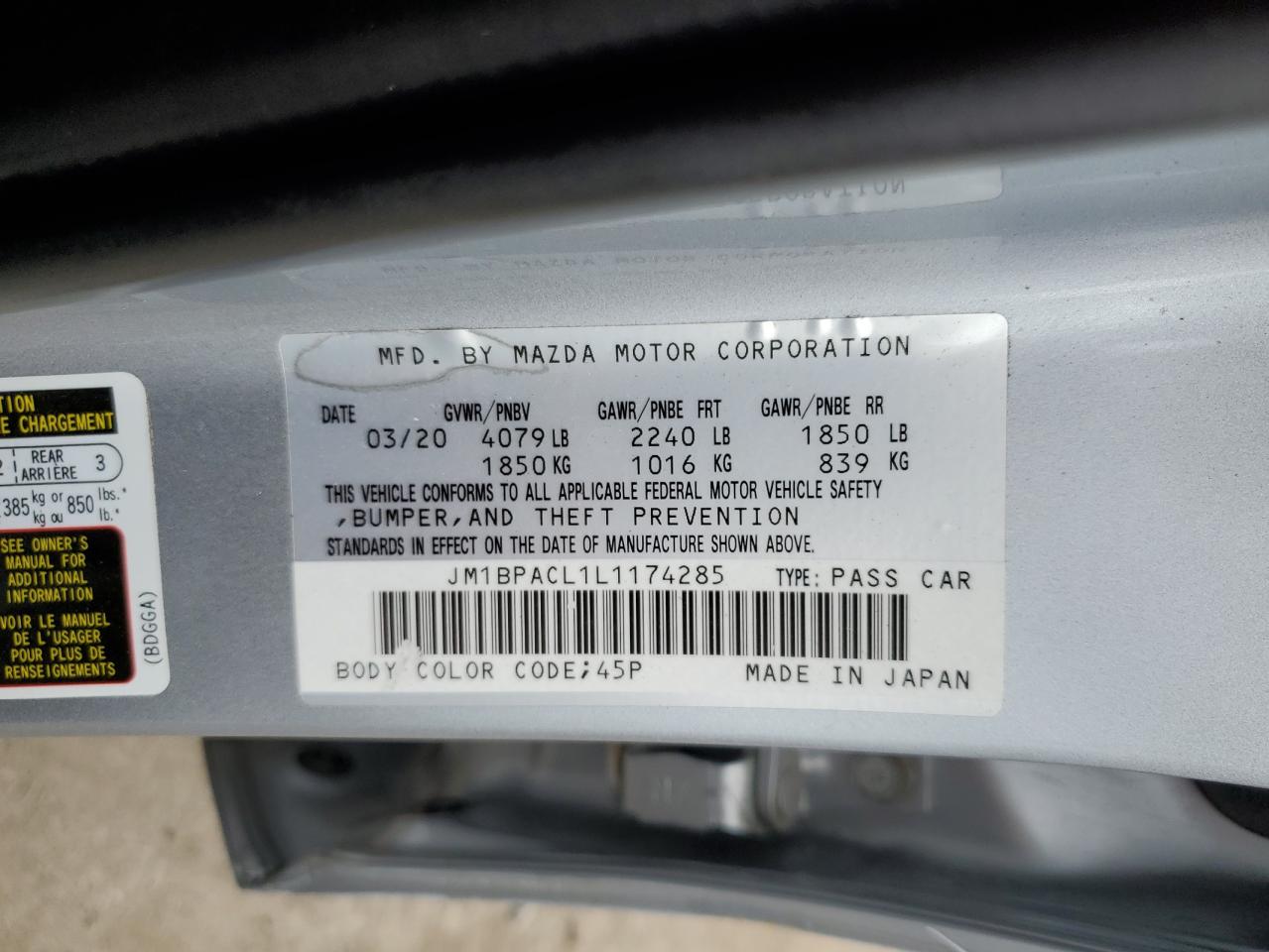 2020 Mazda 3 Select VIN: JM1BPACL1L1174285 Lot: 71471485