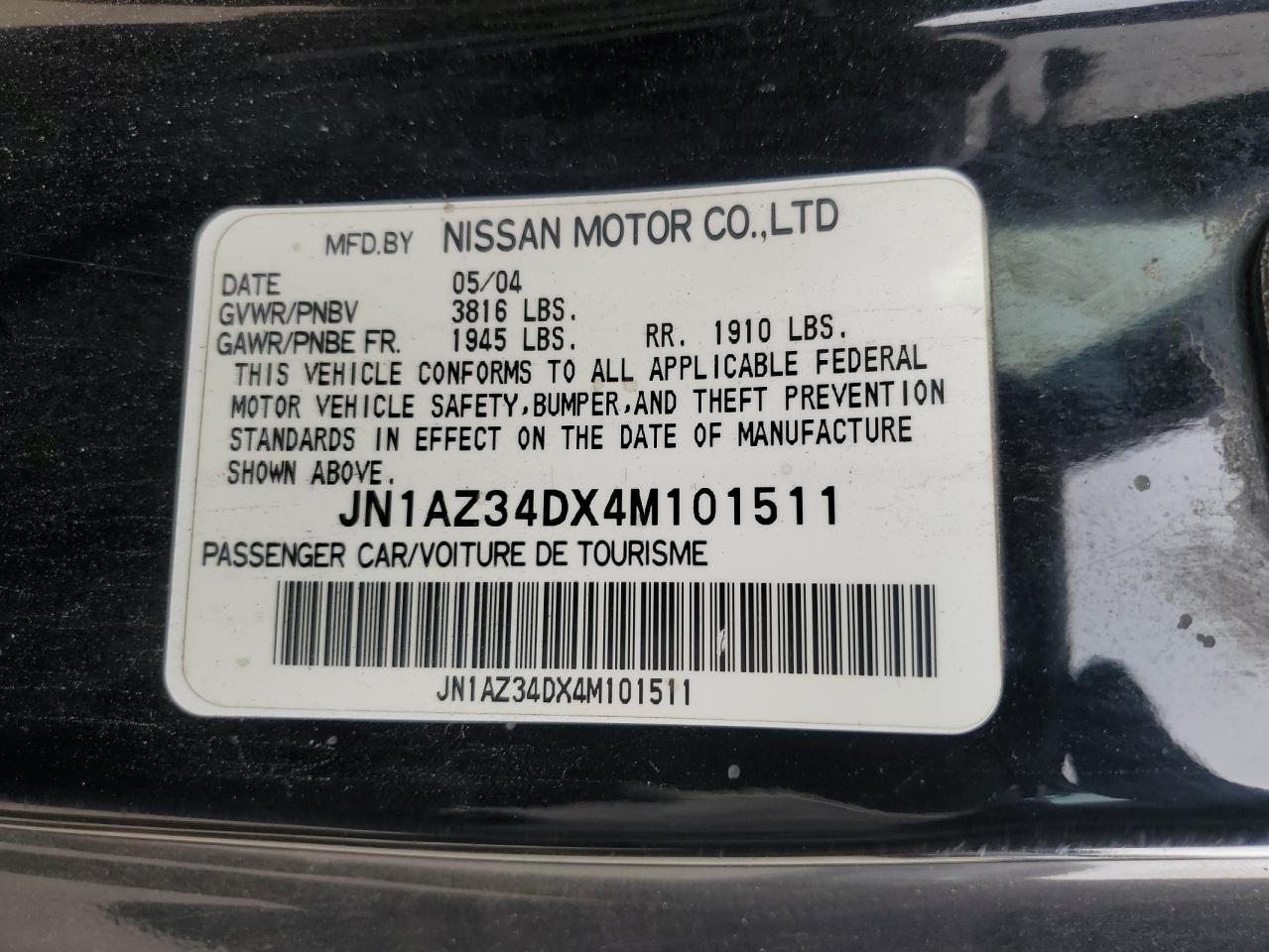 2004 Nissan 350Z Coupe VIN: JN1AZ34DX4M101511 Lot: 83845665