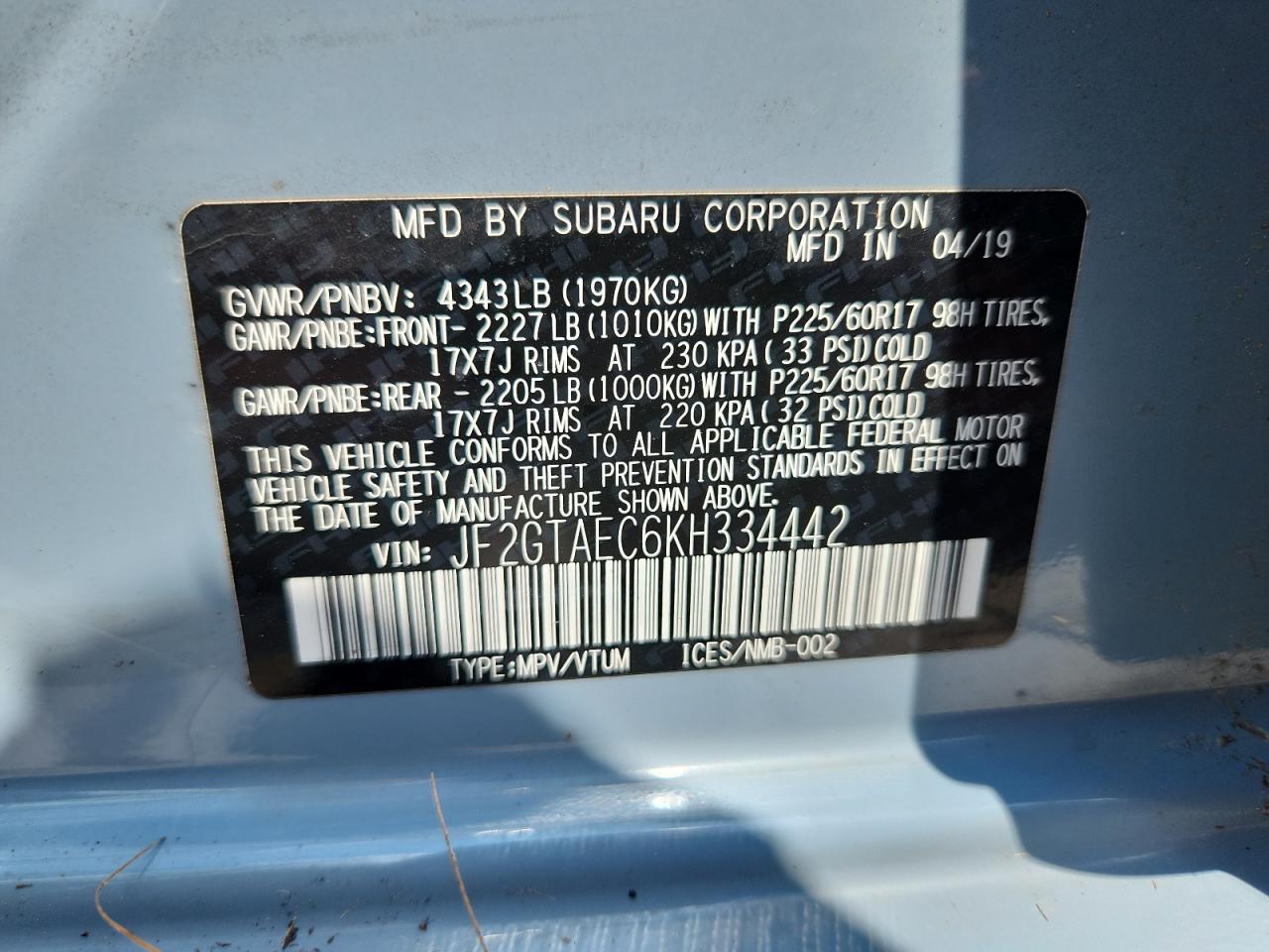 2019 Subaru Crosstrek Premium VIN: JF2GTAEC6KH334442 Lot: 71400835