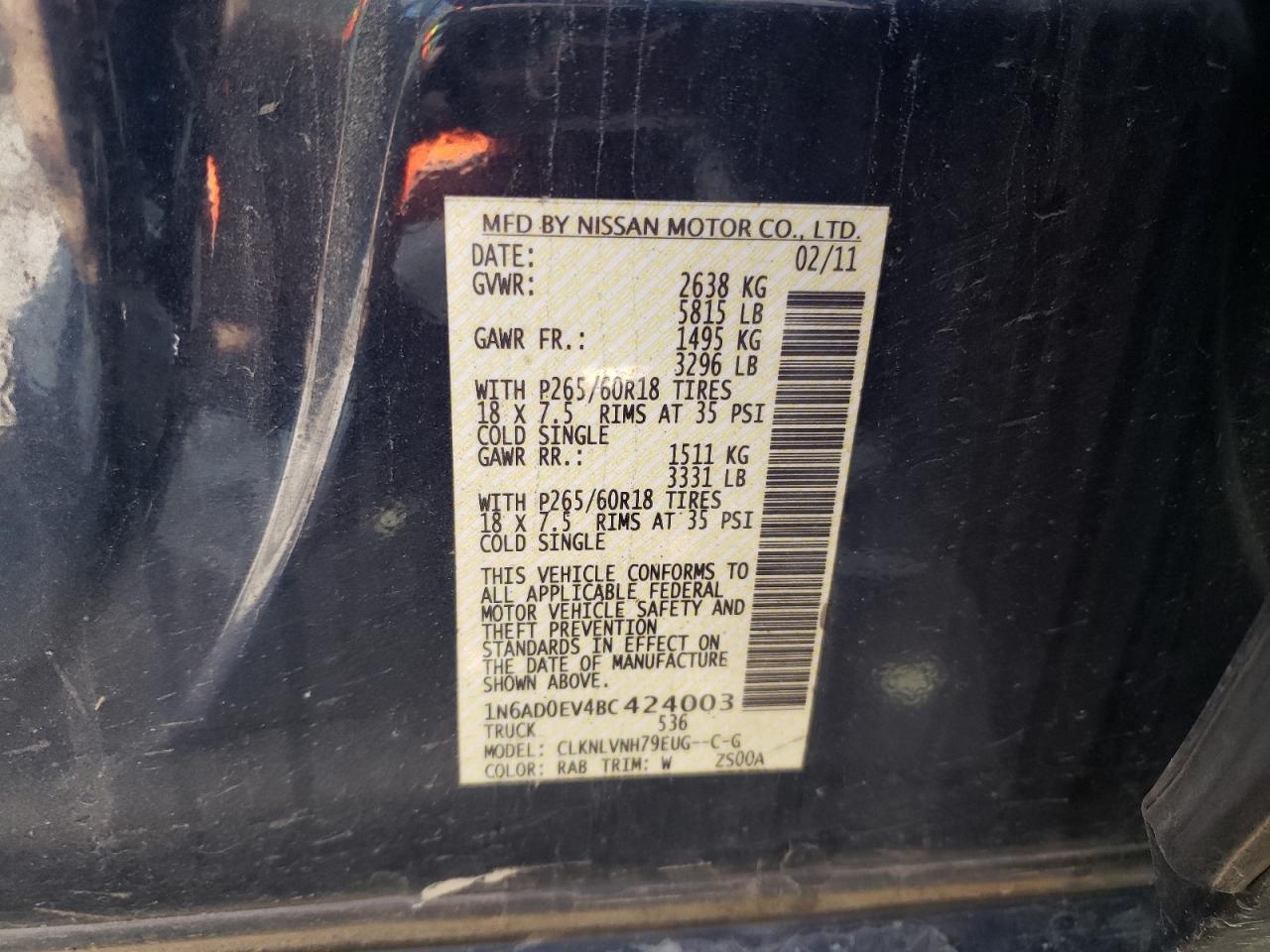 2011 Nissan Frontier S VIN: 1N6AD0EV4BC424003 Lot: 84038905