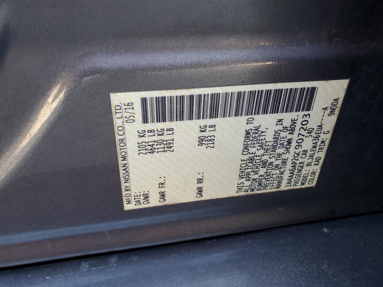 2016 Nissan Maxima 3.5S VIN: 1N4AA6AP2GC907203 Lot: 81019725