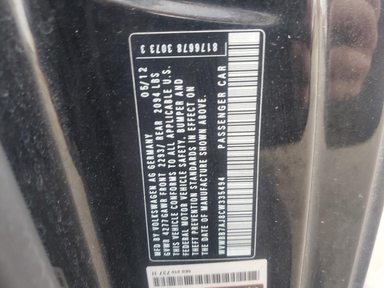 2012 Volkswagen Golf VIN: WVWBB7AJ8CW335494 Lot: 80007525