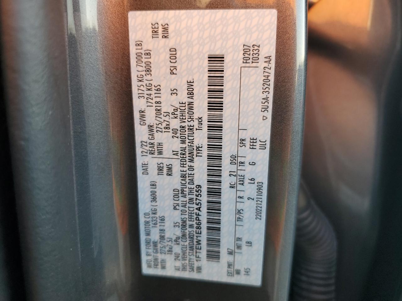 2023 Ford F150 Supercrew VIN: 1FTEW1E86PFA57559 Lot: 80505325